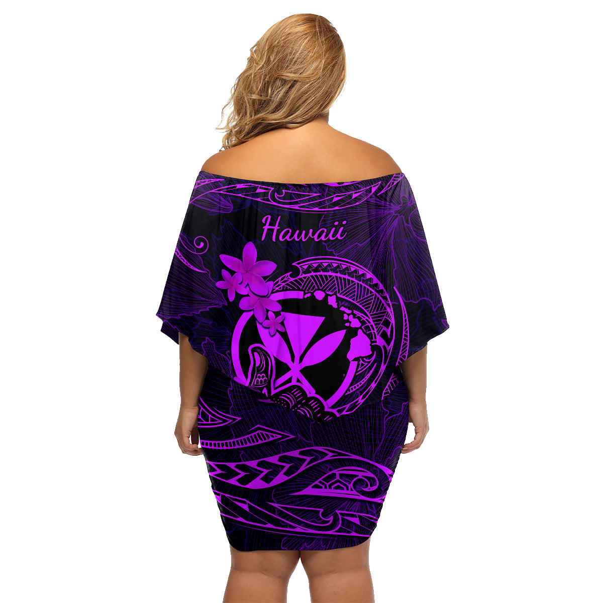 Hawaii Family Matching Off Shoulder Short Dress and Hawaiian Shirt Shaka Tattoo Mix Polynesian Plumeria Purple Version - Wonder Print Shop