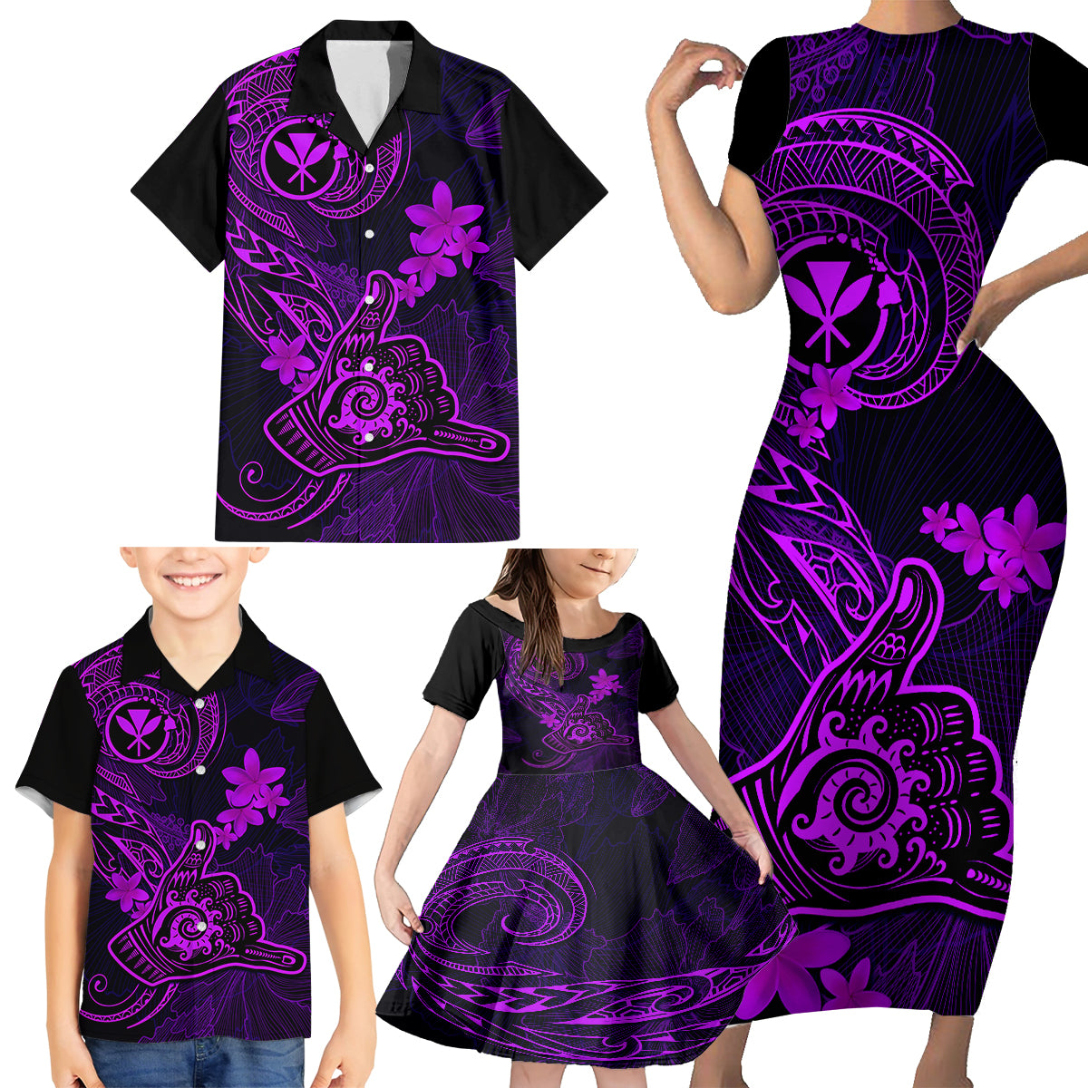 Hawaii Family Matching Short Sleeve Bodycon Dress and Hawaiian Shirt Shaka Tattoo Mix Polynesian Plumeria Purple Version - Wonder Print Shop
