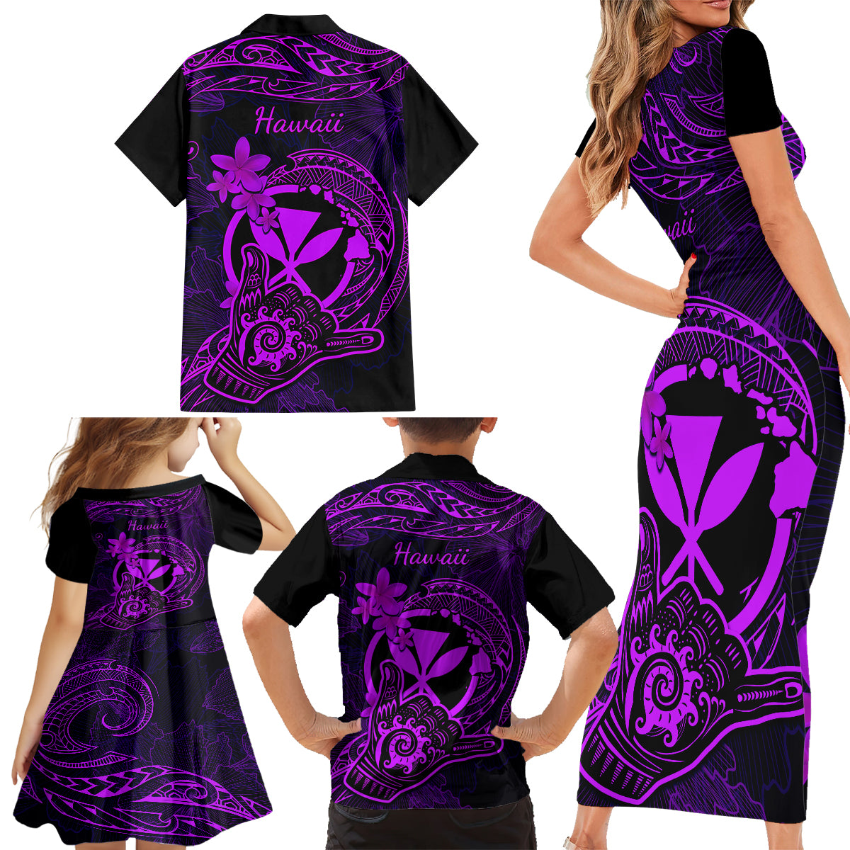 Hawaii Family Matching Short Sleeve Bodycon Dress and Hawaiian Shirt Shaka Tattoo Mix Polynesian Plumeria Purple Version - Wonder Print Shop