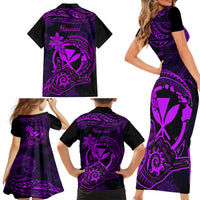 Hawaii Family Matching Short Sleeve Bodycon Dress and Hawaiian Shirt Shaka Tattoo Mix Polynesian Plumeria Purple Version - Wonder Print Shop
