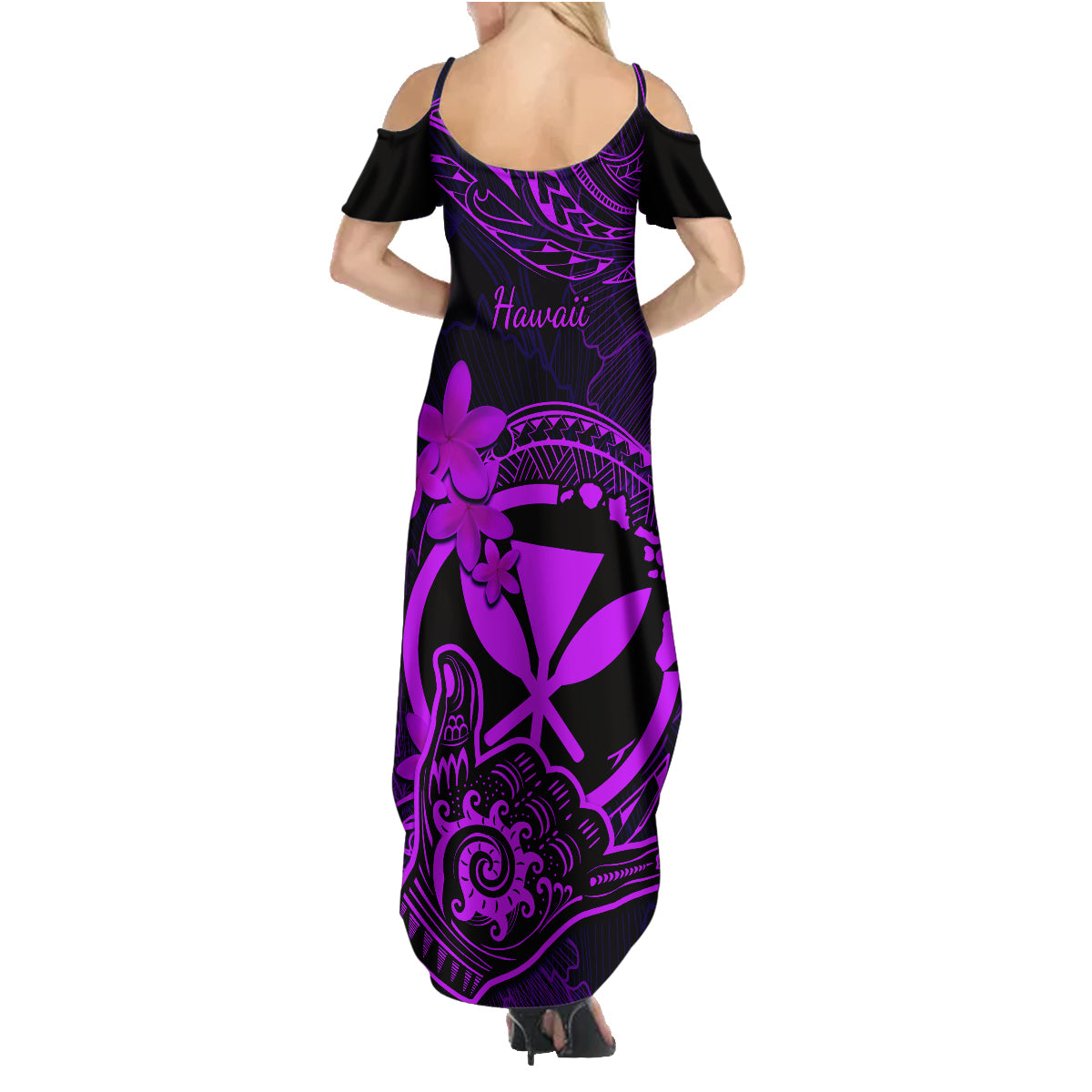 Hawaii Family Matching Summer Maxi Dress and Hawaiian Shirt Shaka Tattoo Mix Polynesian Plumeria Purple Version - Wonder Print Shop
