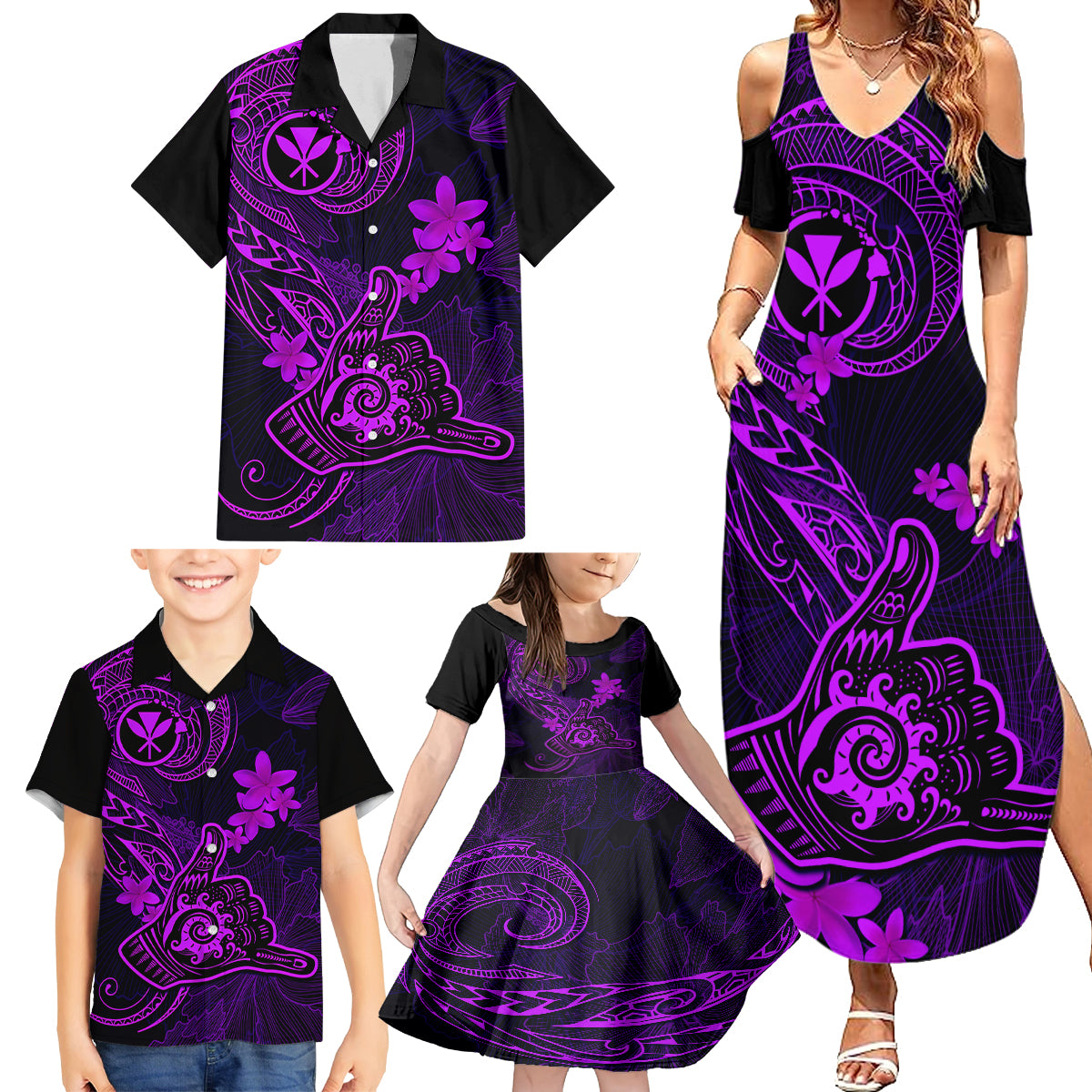 Hawaii Family Matching Summer Maxi Dress and Hawaiian Shirt Shaka Tattoo Mix Polynesian Plumeria Purple Version - Wonder Print Shop