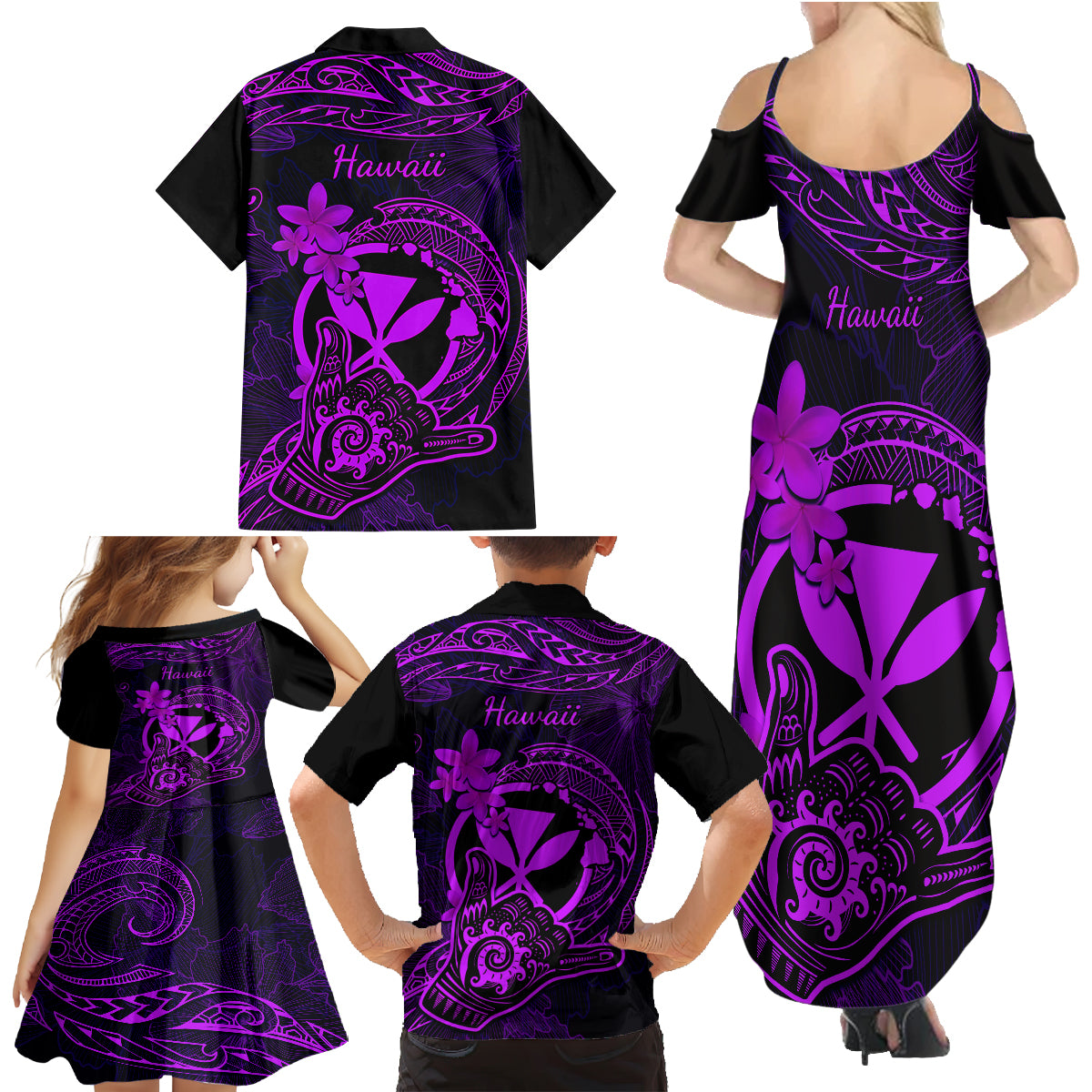 Hawaii Family Matching Summer Maxi Dress and Hawaiian Shirt Shaka Tattoo Mix Polynesian Plumeria Purple Version - Wonder Print Shop