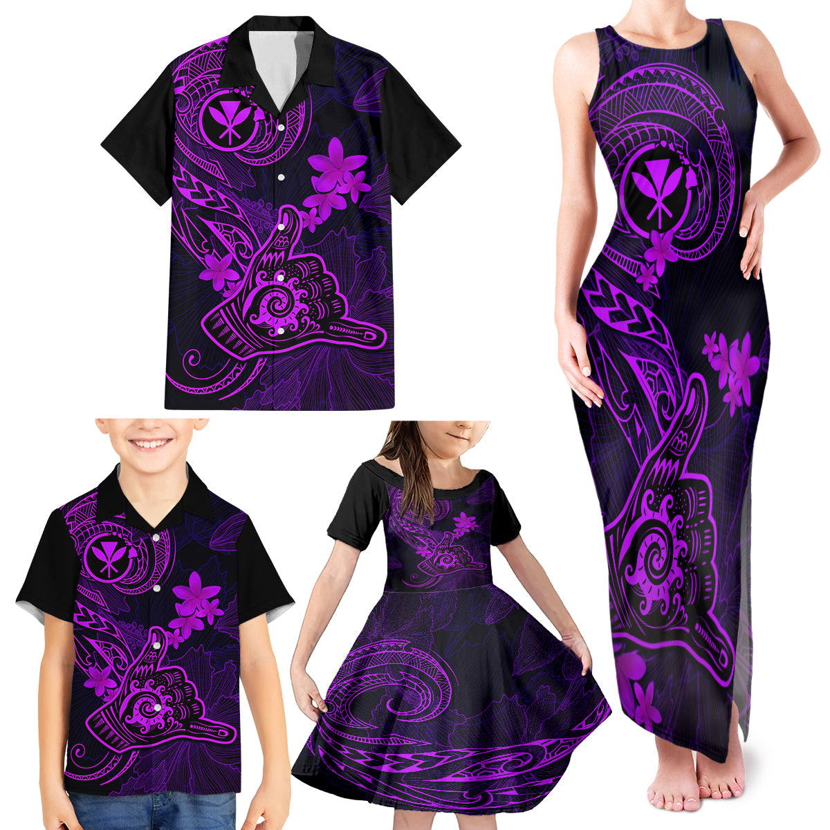 Hawaii Family Matching Tank Maxi Dress and Hawaiian Shirt Shaka Tattoo Mix Polynesian Plumeria Purple Version - Wonder Print Shop