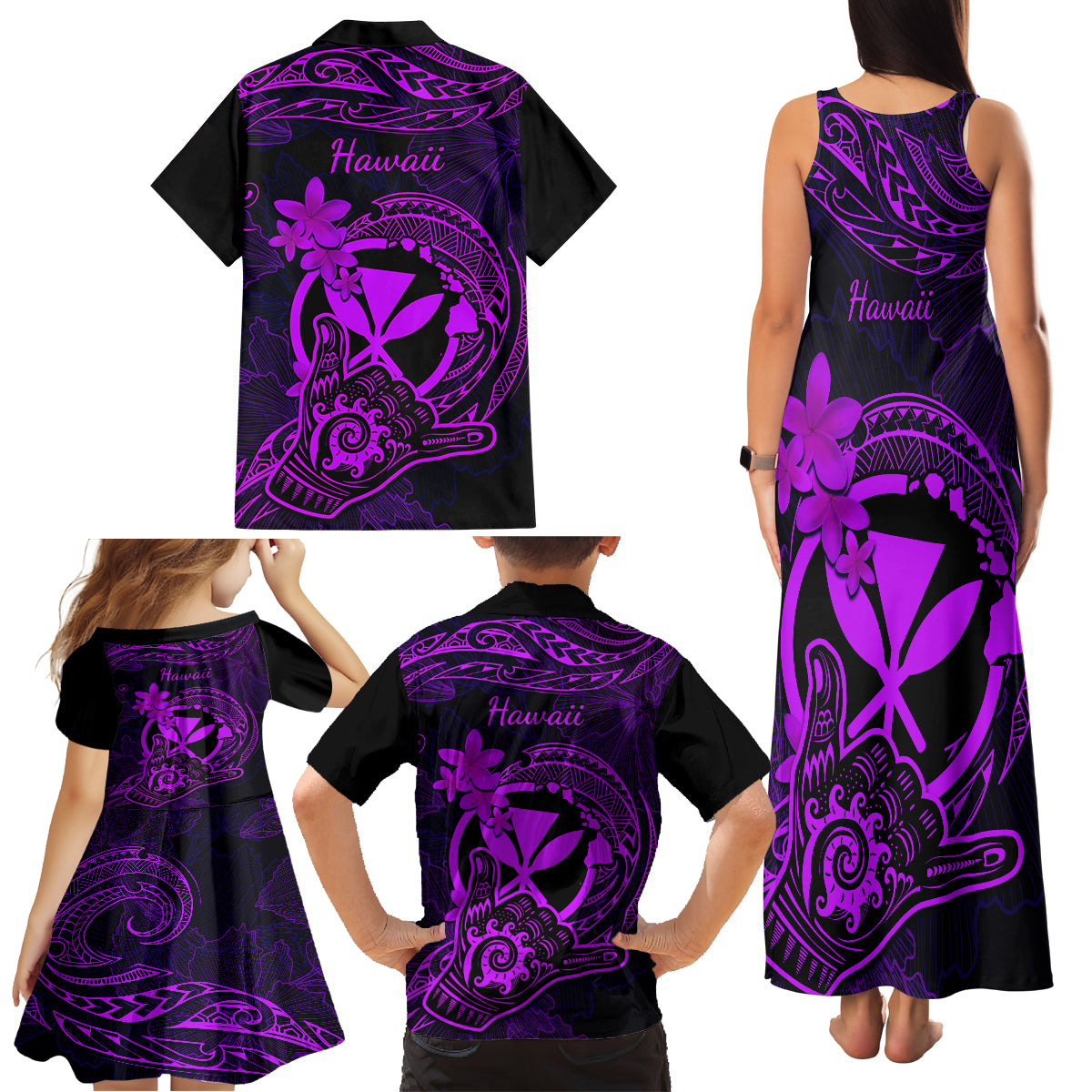 Hawaii Family Matching Tank Maxi Dress and Hawaiian Shirt Shaka Tattoo Mix Polynesian Plumeria Purple Version - Wonder Print Shop