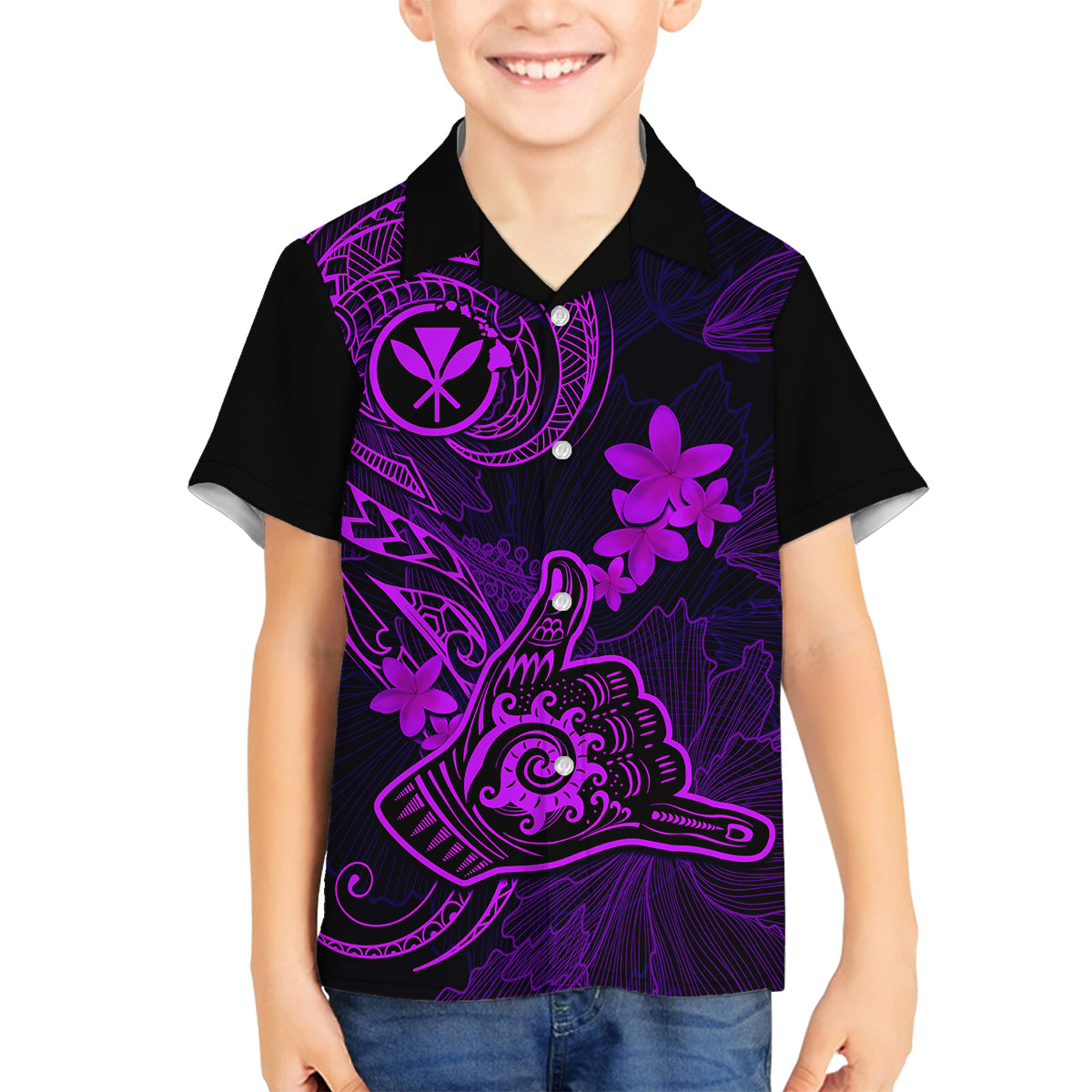 Hawaii Kid Hawaiian Shirt Shaka Tattoo Mix Polynesian Plumeria Purple Version - Wonder Print Shop