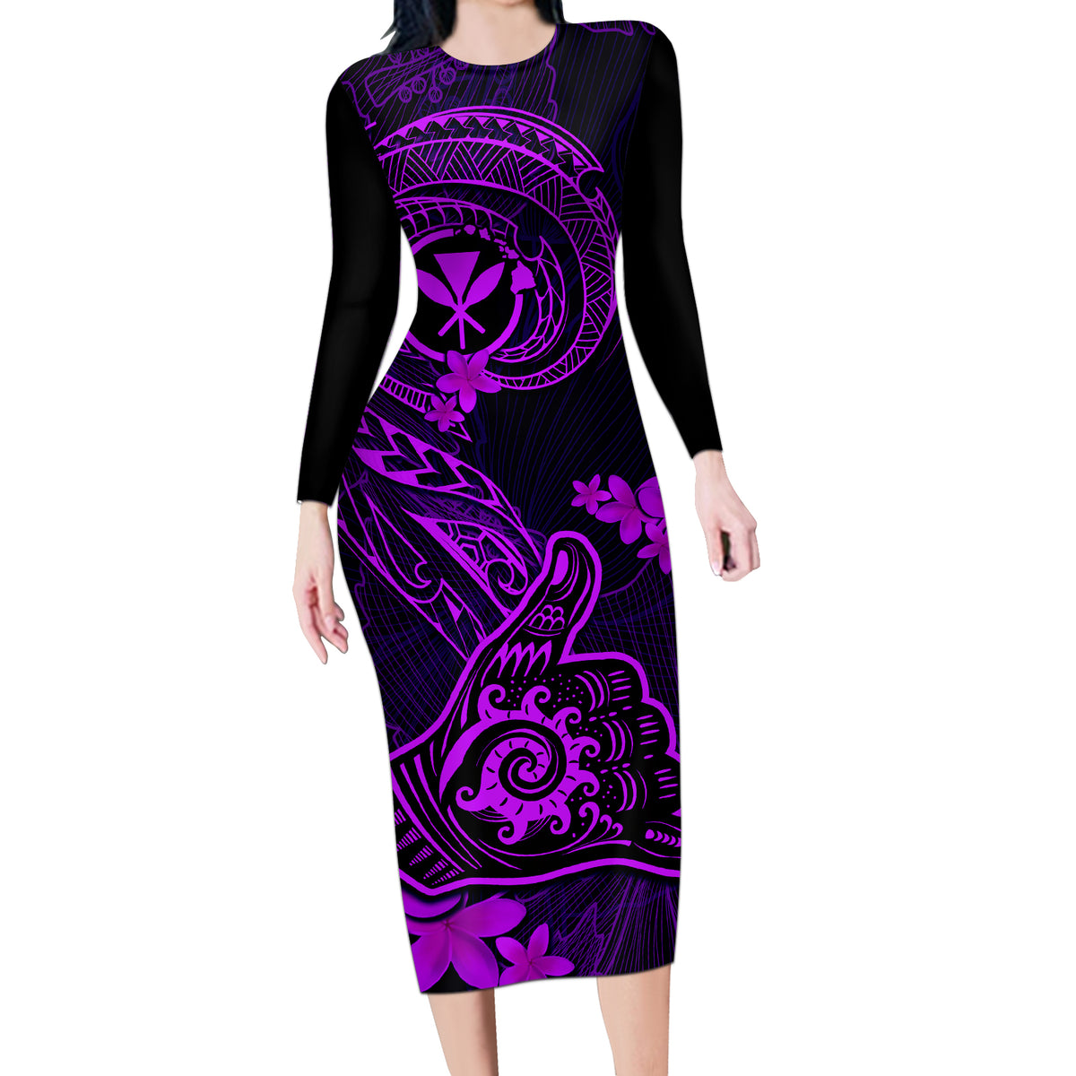 Hawaii Long Sleeve Bodycon Dress Shaka Tattoo Mix Polynesian Plumeria Purple Version - Wonder Print Shop