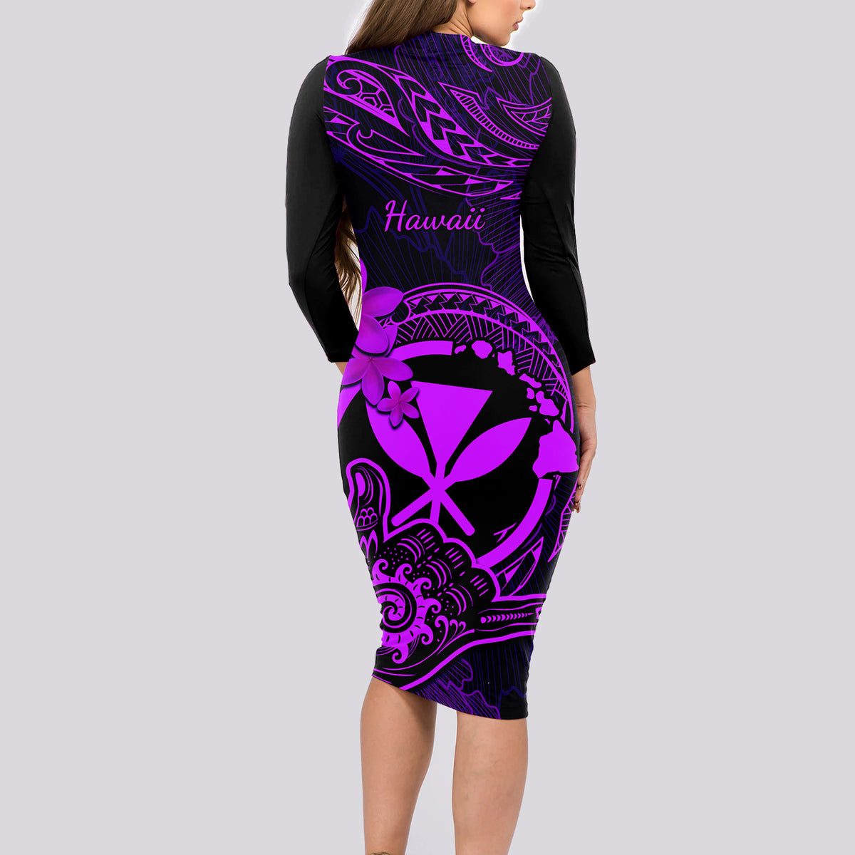 Hawaii Long Sleeve Bodycon Dress Shaka Tattoo Mix Polynesian Plumeria Purple Version - Wonder Print Shop