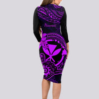 Hawaii Long Sleeve Bodycon Dress Shaka Tattoo Mix Polynesian Plumeria Purple Version - Wonder Print Shop