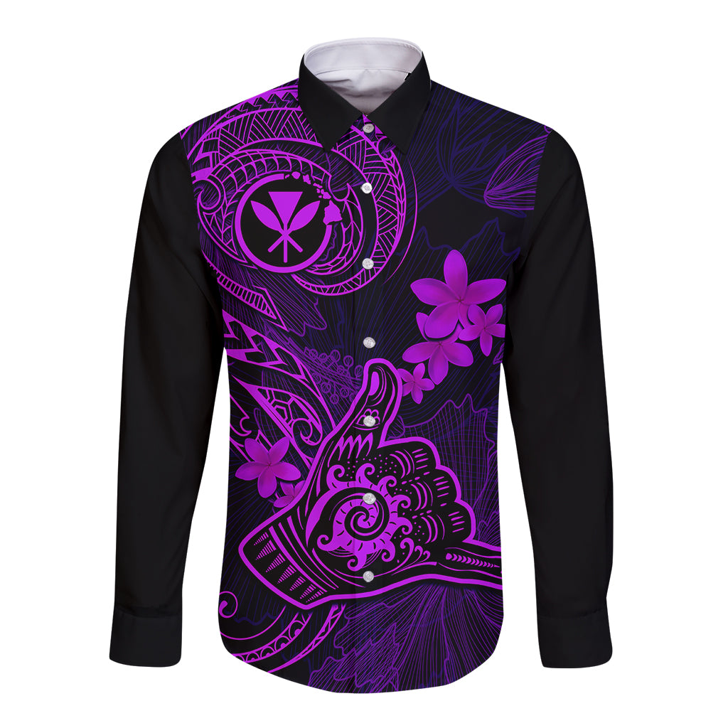 Hawaii Long Sleeve Button Shirt Shaka Tattoo Mix Polynesian Plumeria Purple Version - Wonder Print Shop