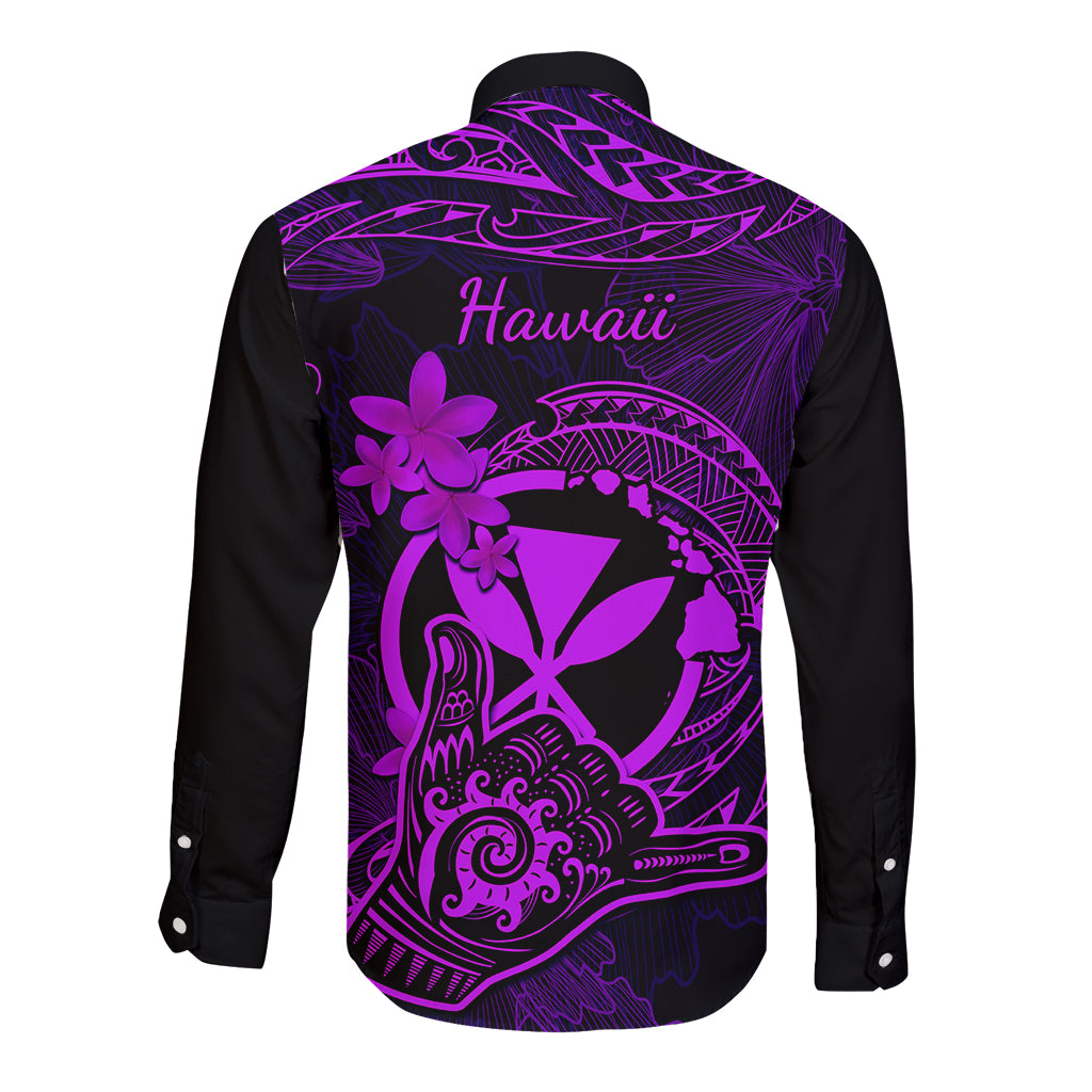 Hawaii Long Sleeve Button Shirt Shaka Tattoo Mix Polynesian Plumeria Purple Version - Wonder Print Shop