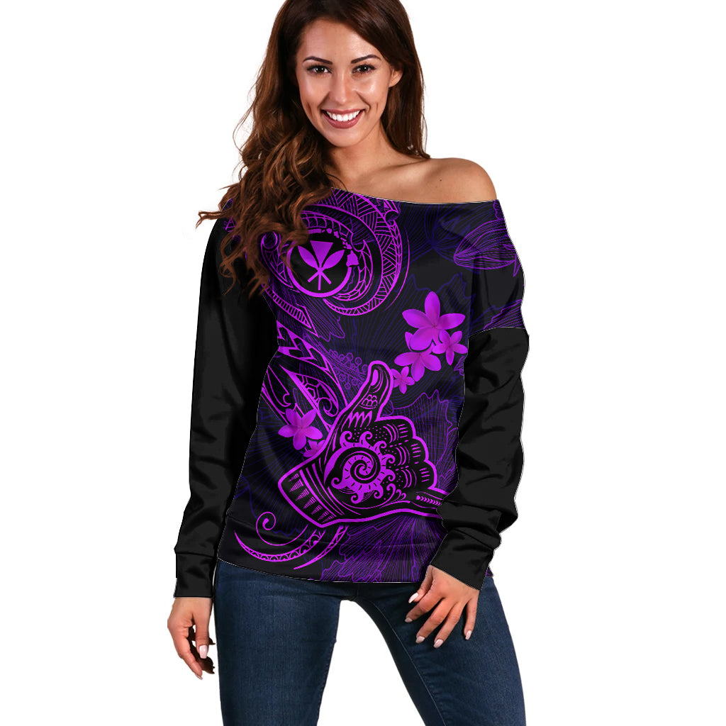 Hawaii Off Shoulder Sweater Shaka Tattoo Mix Polynesian Plumeria Purple Version - Wonder Print Shop