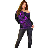Hawaii Off Shoulder Sweater Shaka Tattoo Mix Polynesian Plumeria Purple Version - Wonder Print Shop