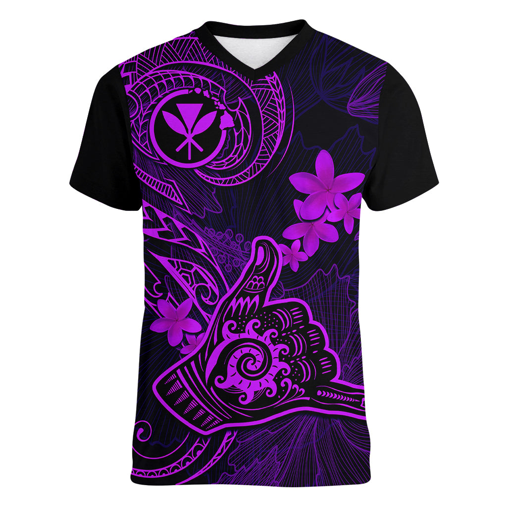 Hawaii Women V Neck T Shirt Shaka Tattoo Mix Polynesian Plumeria Purple Version - Wonder Print Shop