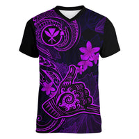 Hawaii Women V Neck T Shirt Shaka Tattoo Mix Polynesian Plumeria Purple Version - Wonder Print Shop