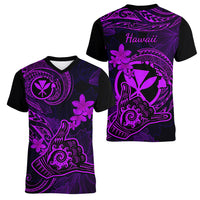 Hawaii Women V Neck T Shirt Shaka Tattoo Mix Polynesian Plumeria Purple Version - Wonder Print Shop