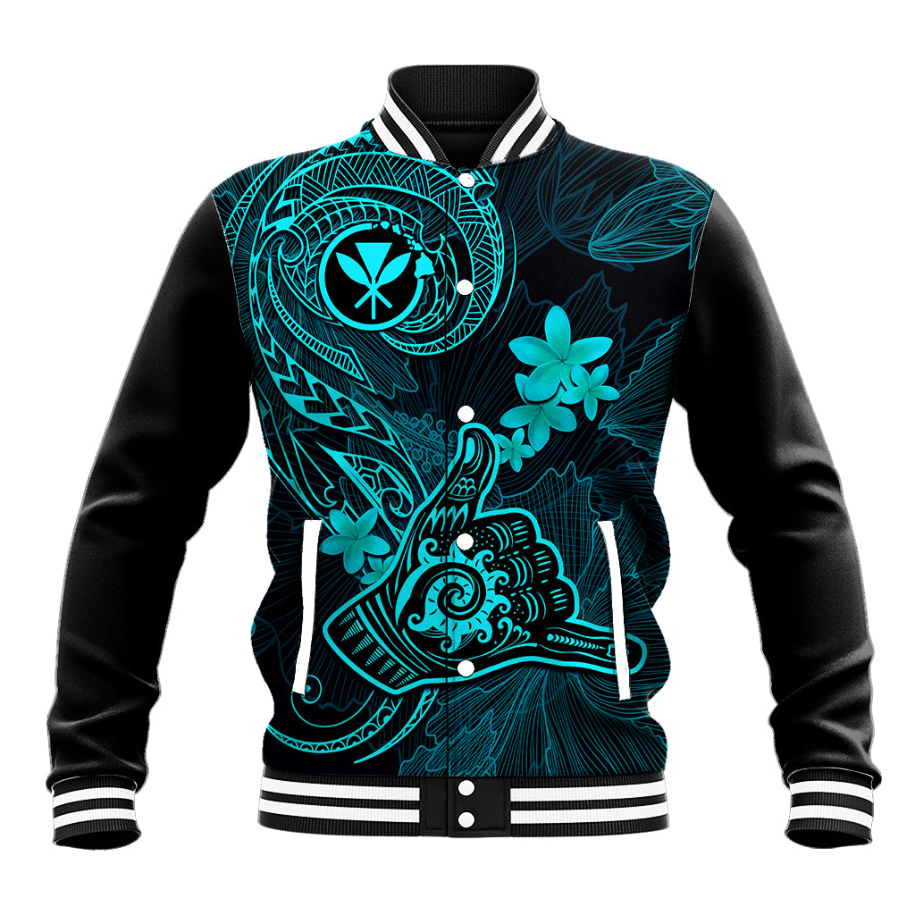 Hawaii Baseball Jacket Shaka Tattoo Mix Polynesian Plumeria Turquoise Version - Wonder Print Shop