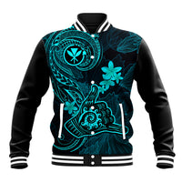 Hawaii Baseball Jacket Shaka Tattoo Mix Polynesian Plumeria Turquoise Version - Wonder Print Shop