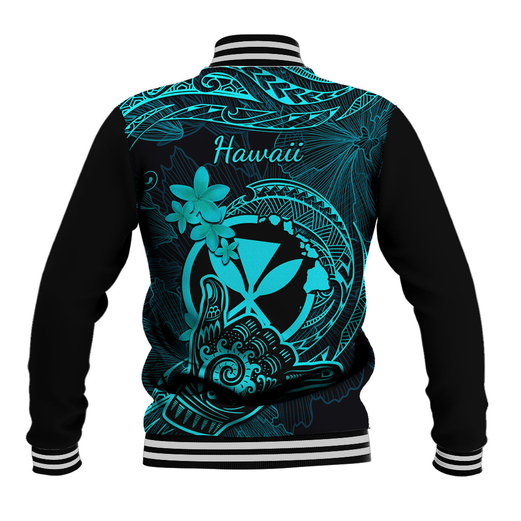 Hawaii Baseball Jacket Shaka Tattoo Mix Polynesian Plumeria Turquoise Version - Wonder Print Shop