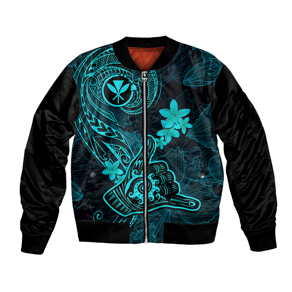 Hawaii Bomber Jacket Shaka Tattoo Mix Polynesian Plumeria Turquoise Version - Wonder Print Shop