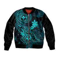 Hawaii Bomber Jacket Shaka Tattoo Mix Polynesian Plumeria Turquoise Version - Wonder Print Shop