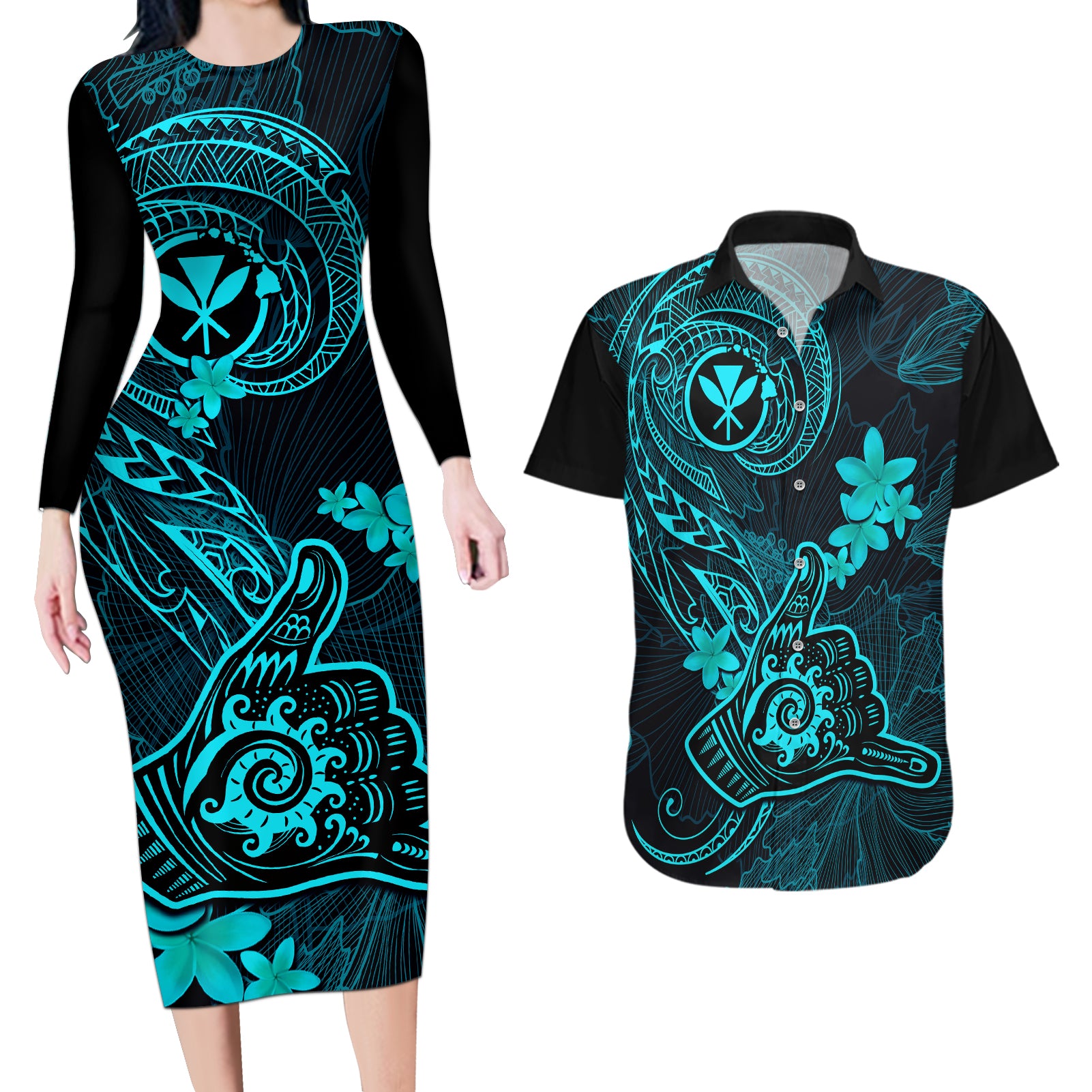 Hawaii Couples Matching Long Sleeve Bodycon Dress and Hawaiian Shirt Shaka Tattoo Mix Polynesian Plumeria Turquoise Version - Wonder Print Shop