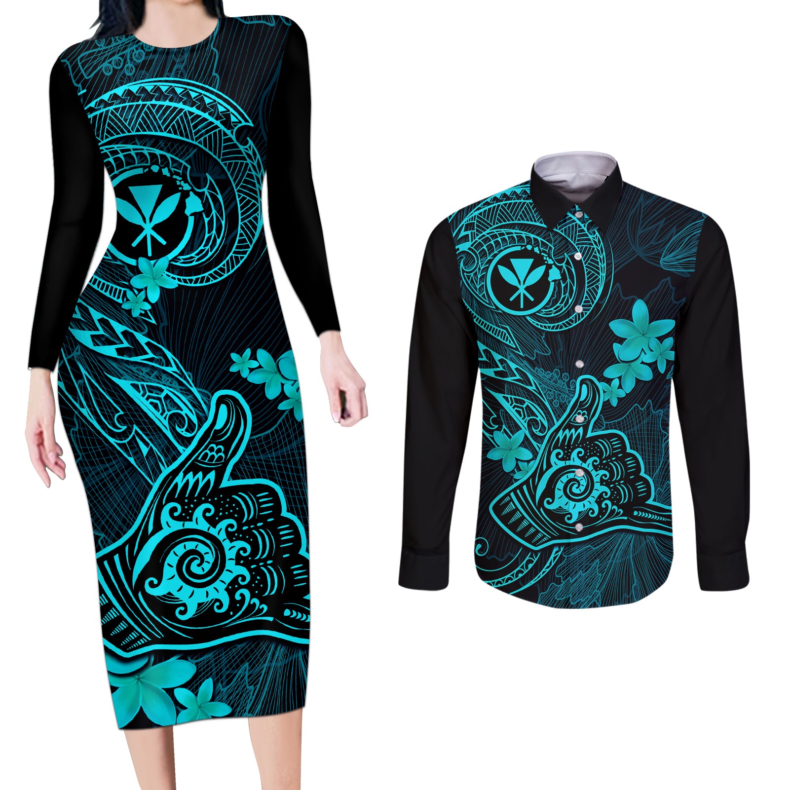 Hawaii Couples Matching Long Sleeve Bodycon Dress and Long Sleeve Button Shirts Shaka Tattoo Mix Polynesian Plumeria Turquoise Version - Wonder Print Shop