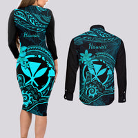 Hawaii Couples Matching Long Sleeve Bodycon Dress and Long Sleeve Button Shirts Shaka Tattoo Mix Polynesian Plumeria Turquoise Version - Wonder Print Shop