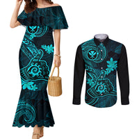 hawaii-couples-matching-mermaid-dress-and-long-sleeve-button-shirts-shaka-tattoo-mix-polynesian-plumeria-turquoise-version