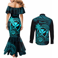 hawaii-couples-matching-mermaid-dress-and-long-sleeve-button-shirts-shaka-tattoo-mix-polynesian-plumeria-turquoise-version