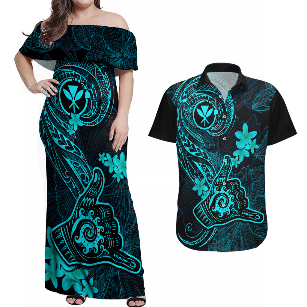 Hawaii Couples Matching Off Shoulder Maxi Dress and Hawaiian Shirt Shaka Tattoo Mix Polynesian Plumeria Turquoise Version - Wonder Print Shop