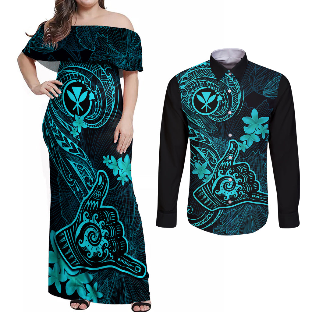 Hawaii Couples Matching Off Shoulder Maxi Dress and Long Sleeve Button Shirts Shaka Tattoo Mix Polynesian Plumeria Turquoise Version - Wonder Print Shop