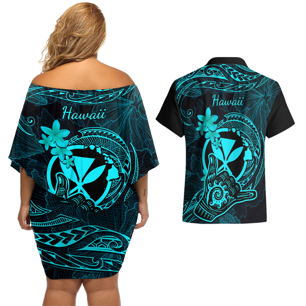 Hawaii Couples Matching Off Shoulder Short Dress and Hawaiian Shirt Shaka Tattoo Mix Polynesian Plumeria Turquoise Version - Wonder Print Shop