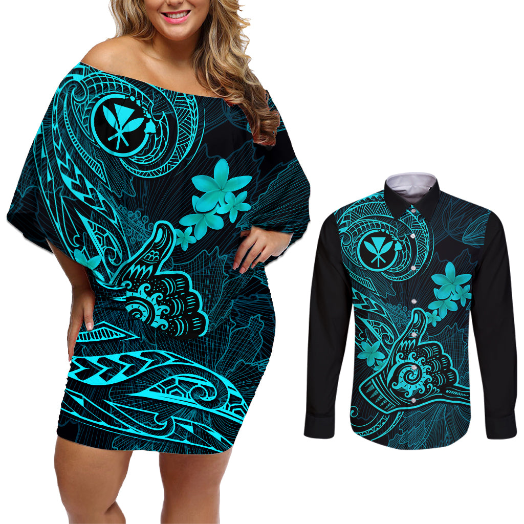Hawaii Couples Matching Off Shoulder Short Dress and Long Sleeve Button Shirts Shaka Tattoo Mix Polynesian Plumeria Turquoise Version - Wonder Print Shop