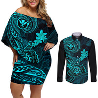 Hawaii Couples Matching Off Shoulder Short Dress and Long Sleeve Button Shirts Shaka Tattoo Mix Polynesian Plumeria Turquoise Version - Wonder Print Shop