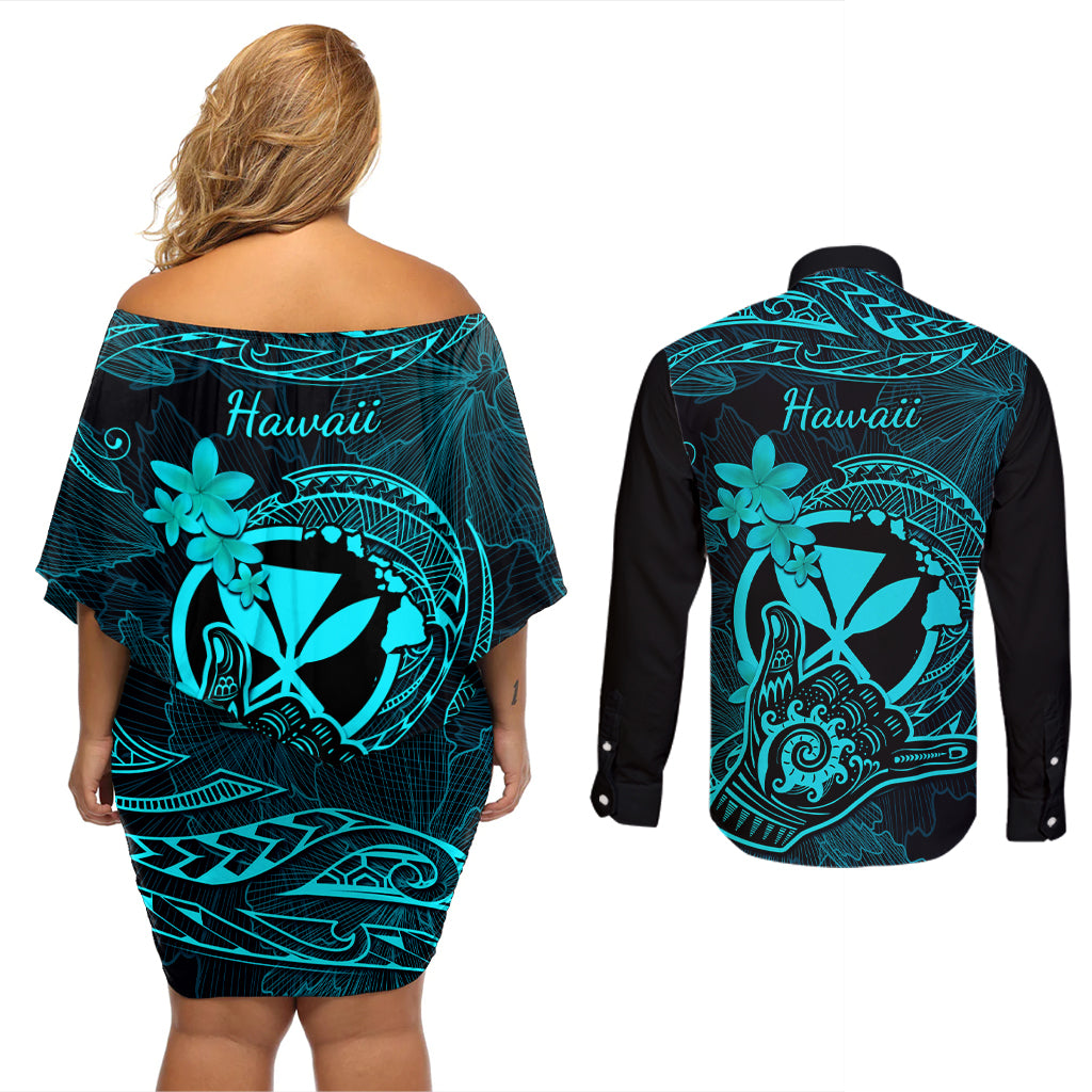 Hawaii Couples Matching Off Shoulder Short Dress and Long Sleeve Button Shirts Shaka Tattoo Mix Polynesian Plumeria Turquoise Version - Wonder Print Shop