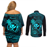 Hawaii Couples Matching Off Shoulder Short Dress and Long Sleeve Button Shirts Shaka Tattoo Mix Polynesian Plumeria Turquoise Version - Wonder Print Shop
