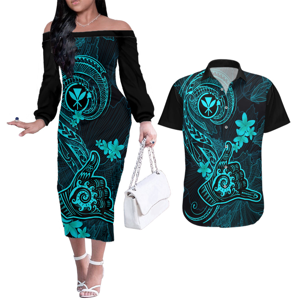 Hawaii Couples Matching Off The Shoulder Long Sleeve Dress and Hawaiian Shirt Shaka Tattoo Mix Polynesian Plumeria Turquoise Version - Wonder Print Shop