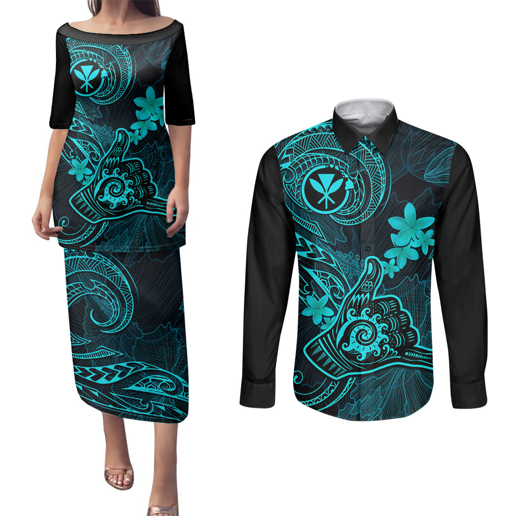 Hawaii Couples Matching Puletasi Dress and Long Sleeve Button Shirts Shaka Tattoo Mix Polynesian Plumeria Turquoise Version - Wonder Print Shop