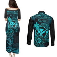 Hawaii Couples Matching Puletasi Dress and Long Sleeve Button Shirts Shaka Tattoo Mix Polynesian Plumeria Turquoise Version - Wonder Print Shop
