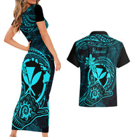 Hawaii Couples Matching Short Sleeve Bodycon Dress and Hawaiian Shirt Shaka Tattoo Mix Polynesian Plumeria Turquoise Version - Wonder Print Shop