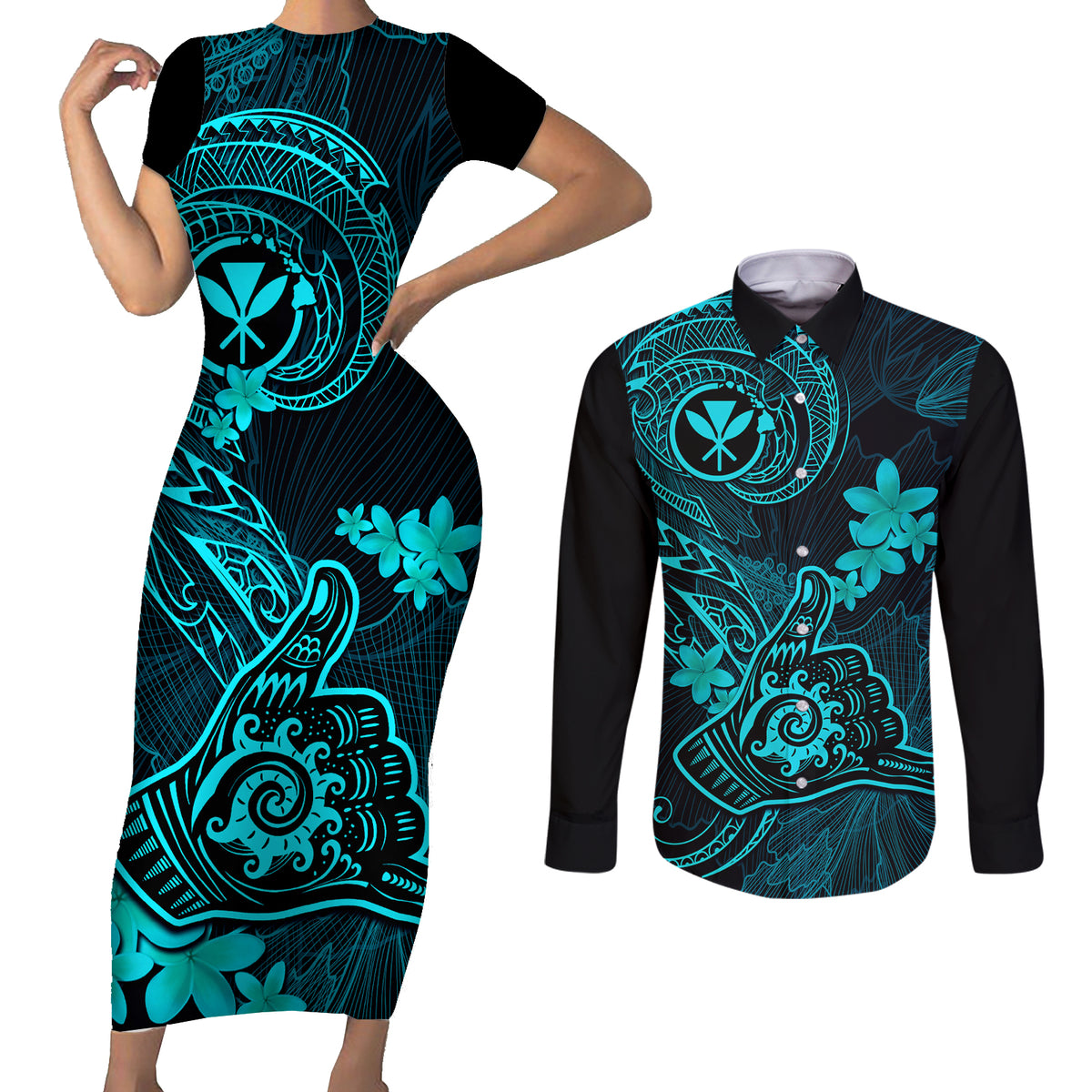 Hawaii Couples Matching Short Sleeve Bodycon Dress and Long Sleeve Button Shirts Shaka Tattoo Mix Polynesian Plumeria Turquoise Version - Wonder Print Shop