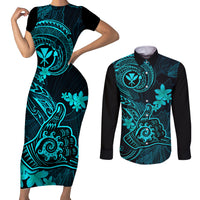 Hawaii Couples Matching Short Sleeve Bodycon Dress and Long Sleeve Button Shirts Shaka Tattoo Mix Polynesian Plumeria Turquoise Version - Wonder Print Shop