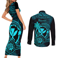 Hawaii Couples Matching Short Sleeve Bodycon Dress and Long Sleeve Button Shirts Shaka Tattoo Mix Polynesian Plumeria Turquoise Version - Wonder Print Shop