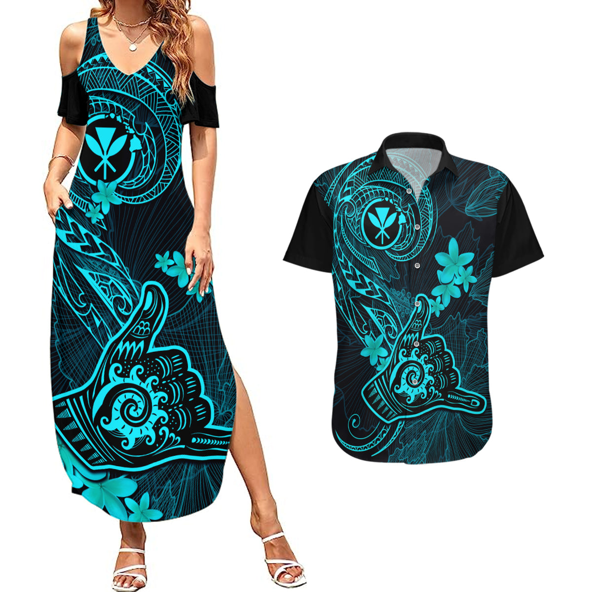 Hawaii Couples Matching Summer Maxi Dress and Hawaiian Shirt Shaka Tattoo Mix Polynesian Plumeria Turquoise Version - Wonder Print Shop