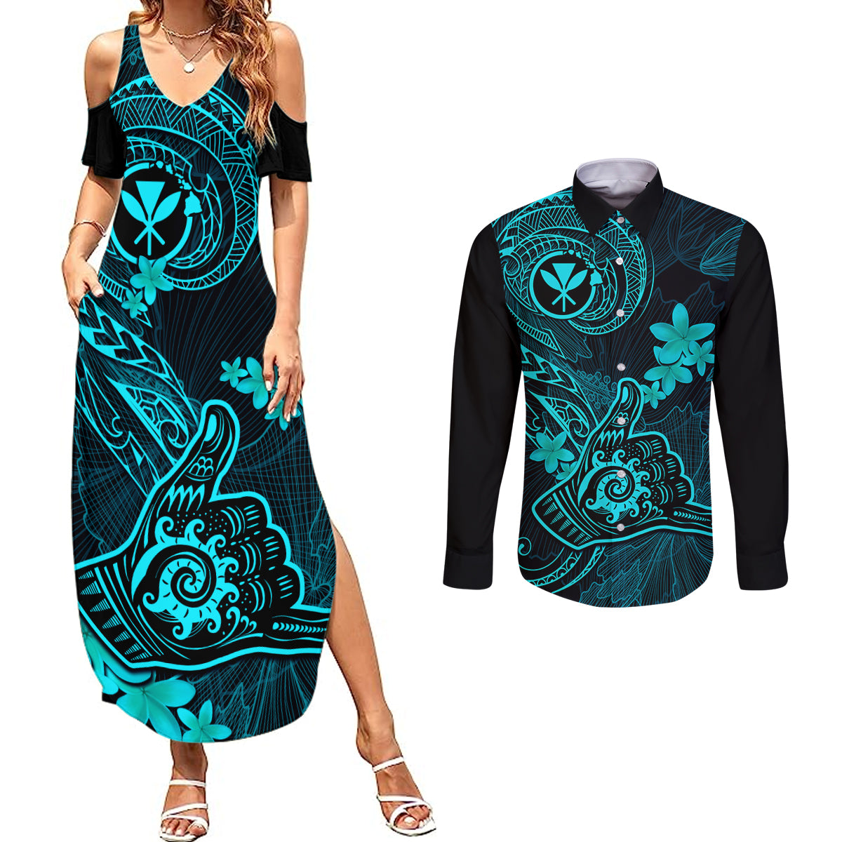 Hawaii Couples Matching Summer Maxi Dress and Long Sleeve Button Shirts Shaka Tattoo Mix Polynesian Plumeria Turquoise Version - Wonder Print Shop