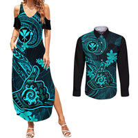 Hawaii Couples Matching Summer Maxi Dress and Long Sleeve Button Shirts Shaka Tattoo Mix Polynesian Plumeria Turquoise Version - Wonder Print Shop