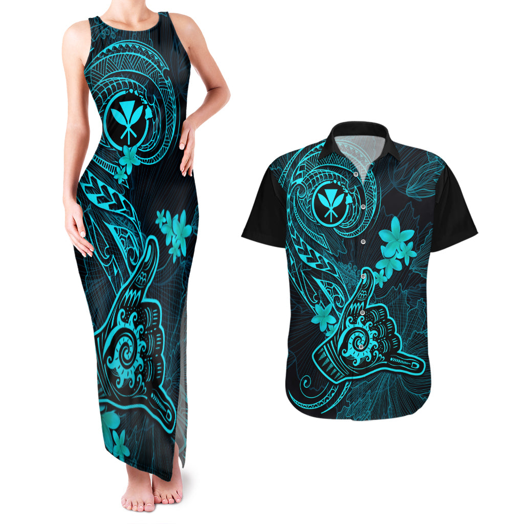 Hawaii Couples Matching Tank Maxi Dress and Hawaiian Shirt Shaka Tattoo Mix Polynesian Plumeria Turquoise Version - Wonder Print Shop