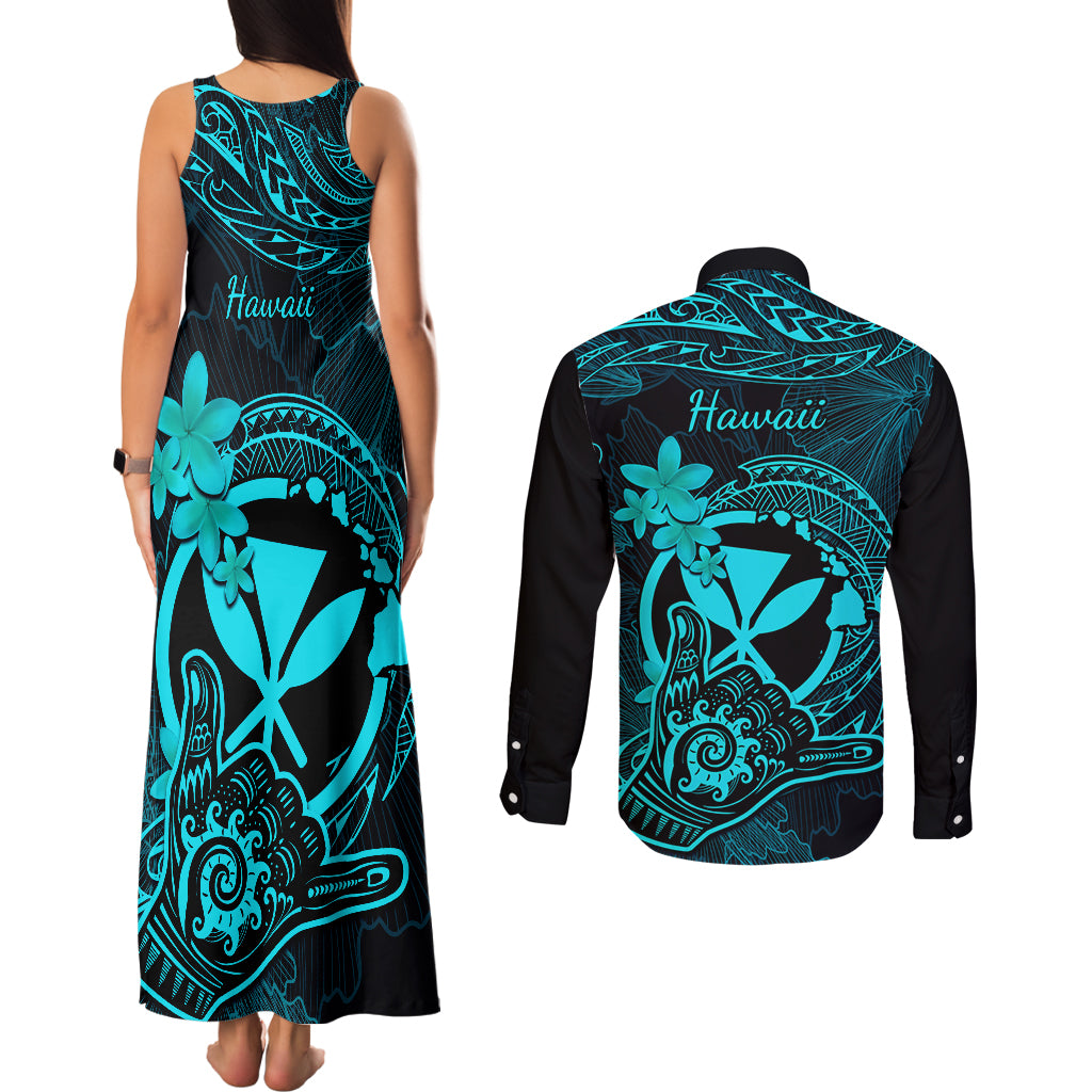 Hawaii Couples Matching Tank Maxi Dress and Long Sleeve Button Shirts Shaka Tattoo Mix Polynesian Plumeria Turquoise Version - Wonder Print Shop
