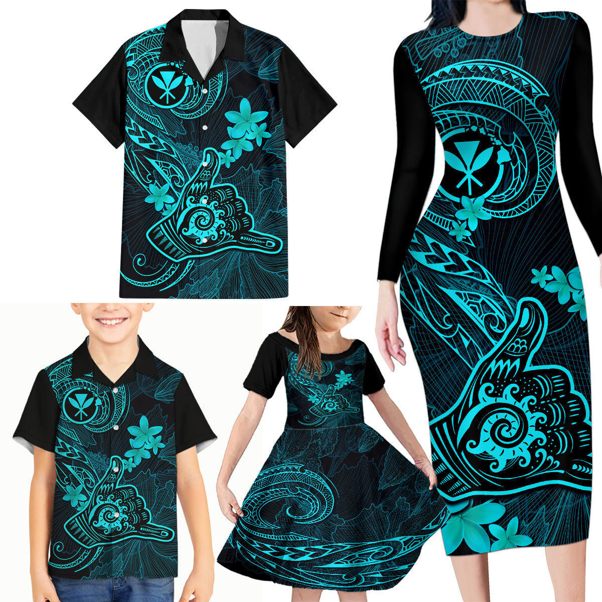 Hawaii Family Matching Long Sleeve Bodycon Dress and Hawaiian Shirt Shaka Tattoo Mix Polynesian Plumeria Turquoise Version - Wonder Print Shop